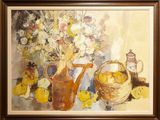 un tableau représentant un vase de fleurs et une corbeille de fruits