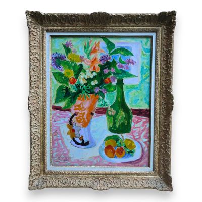 une peinture représentant un vase de fleurs et de fruits sur une table
