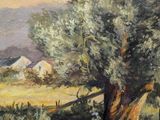 an oil painting of a tree in a field with a barn in the background