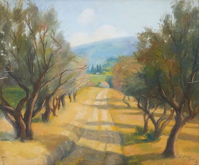 une peinture à l'huile représentant un chemin de terre bordé d'arbres par une journée ensoleillée
