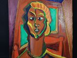 une peinture à l'huile représentant une femme en robe verte regardant par la fenêtre
