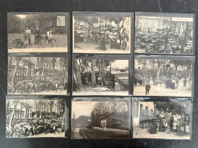 several old black and white photographs of people and vehicles in the woods