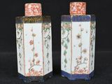 pair of chinese porcelain vases with flowers and vines on them
