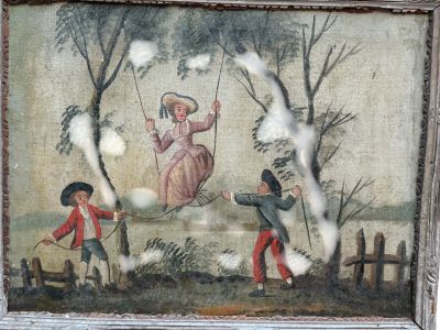 une photo d'un tableau représentant un homme et une femme sur une balançoire