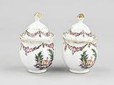 pair of chinese porcelain jars with deer and flowers on them