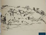 drawing of a group of people riding horses in a field
