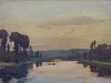 un tableau représentant une rivière sur laquelle flotte un bateau