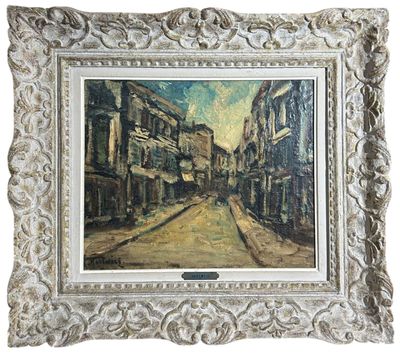 peinture à l'huile d'une scène de rue avec des bâtiments en arrière-plan