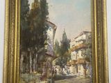 une peinture à l'huile représentant une scène de rue avec des personnes marchant dans la rue