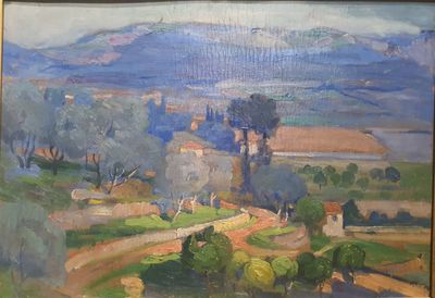 une peinture à l'huile représentant un paysage avec une église et une route