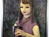 painting of a young girl holding an accordion in her right hand