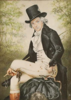 painting of a man in a top hat sitting next to a dog