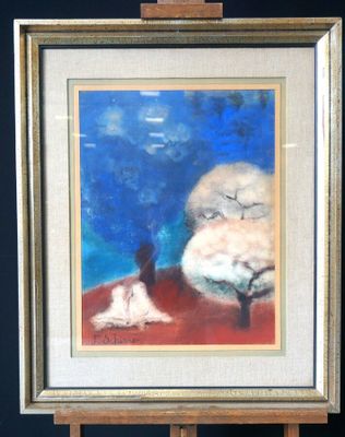 a painting of a cat and a dog on a easel