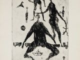 a black and white drawing of a group of people in a room