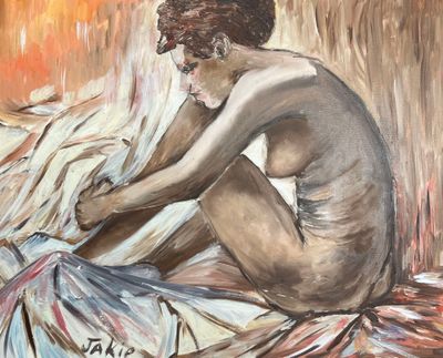 un tableau représentant une femme nue assise sur un lit