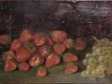 painting of a bunch of strawberries and grapes on a table