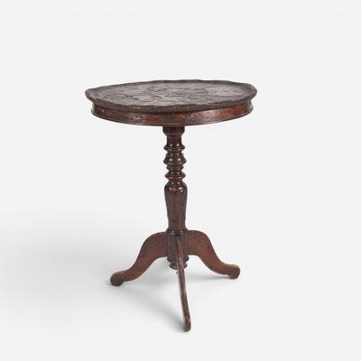 a wooden table with a marble top on a white background