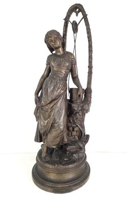 statue en bronze représentant une femme tenant un panier de fleurs, posée sur un socle