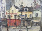 une peinture représentant une scène de rue en ville avec des bâtiments