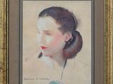 portrait of a woman in a blue dress by a gold frame