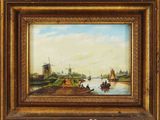 un tableau représentant une scène fluviale avec des bateaux et des moulins à vent au loin