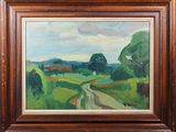 an oil painting of a country road in a wooden frame