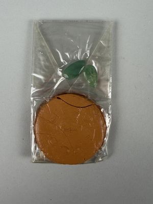 a small orange in a plastic bag on a table