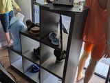 deux personnes debout dans une pièce où se trouve un téléviseur posé sur un meuble