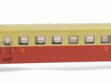 a red and yellow train car on a white background