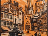 tableau représentant une scène de rue avec une calèche devant une église