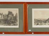 two framed pictures of a castle and a bridge in a wood frame