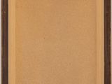 a painting of a brown frame with a white label on it
