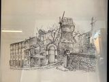 une photo d'un dessin représentant un bâtiment, dans un cadre