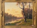 an oil painting of a river scene with a boat in the distance