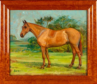 une peinture à l'huile représentant un cheval debout dans un champ, avec des arbres en arrière-plan
