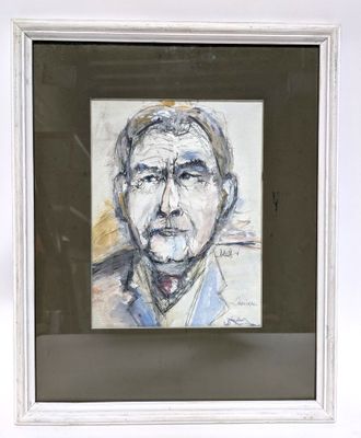 painting of a man with a cigarette in his mouth in a white frame