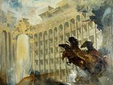 a painting of a man riding a horse in front of a building