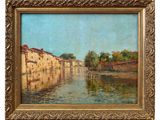 an oil painting of a river with buildings in the background