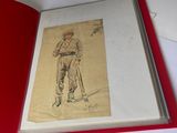 an old drawing of a man in a military uniform holding a cane