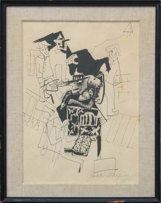an image of a black and white drawing of a man with a hat