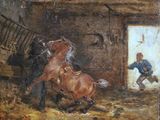 tableau représentant deux chevaux qui se battent dans une grange, avec un homme à l'arrière-plan