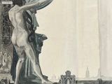 a drawing of a nude woman standing in front of a fountain