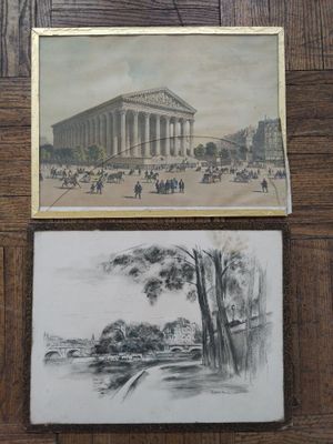 two drawings of a building and a building with people walking on the sidewalk