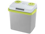 a white and green portable air conditioner sitting on top of a white table