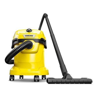 a yellow vacuum cleaner with a black hose on a white background