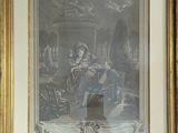 tableau représentant une femme assise sur une chaise dans une pièce, en compagnie d'un chien