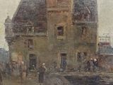 painting of a large building with a boat in front of it