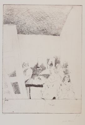 un dessin en noir et blanc représentant une femme assise à une table