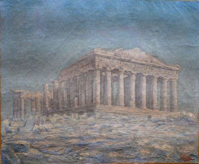 painting of a painting of a building with columns in the middle of it