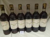 six bottles of red wine are lined up on a table